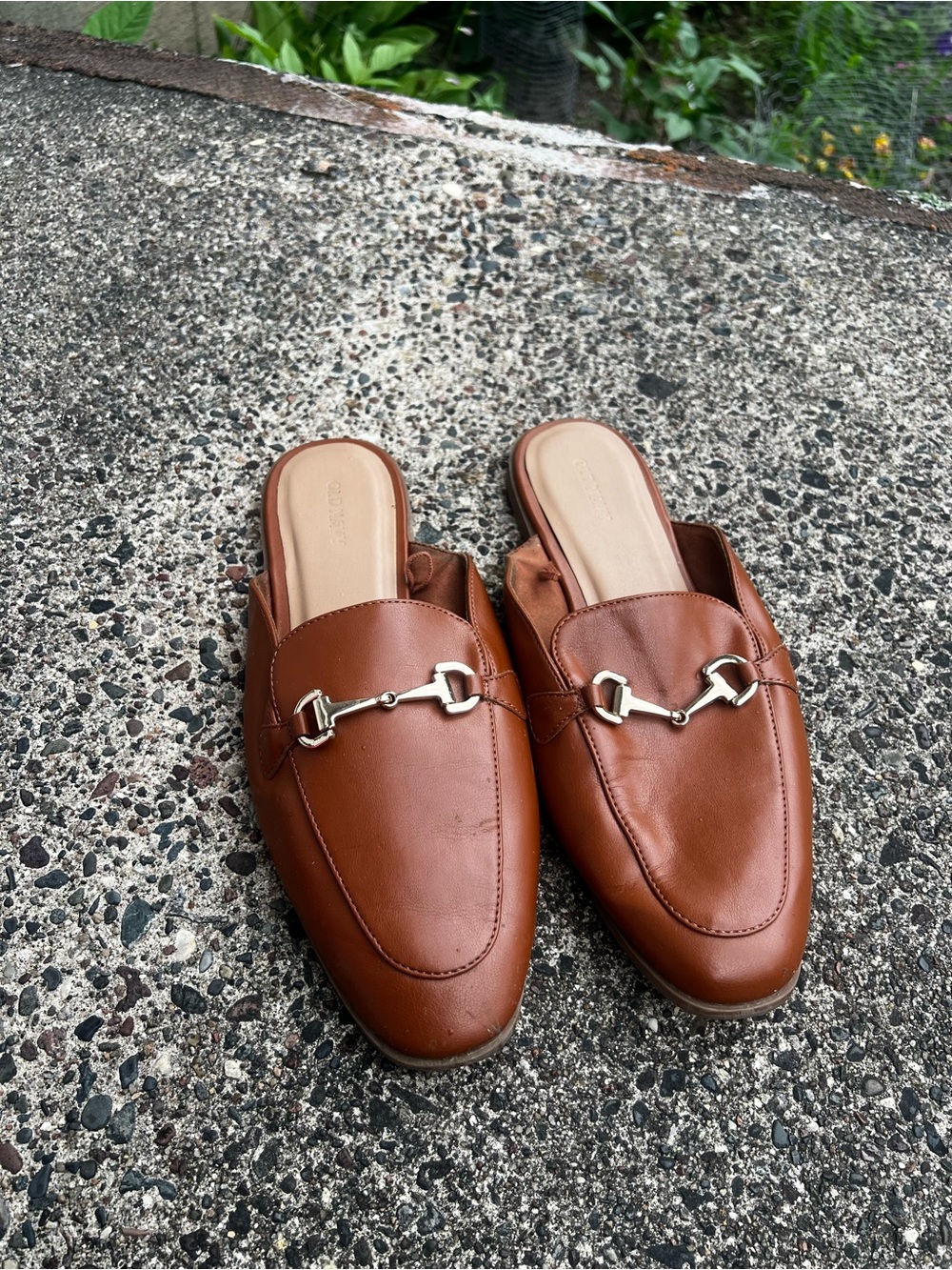 Tan Brown Leather-Look Slip-On Mules with Silver Bit